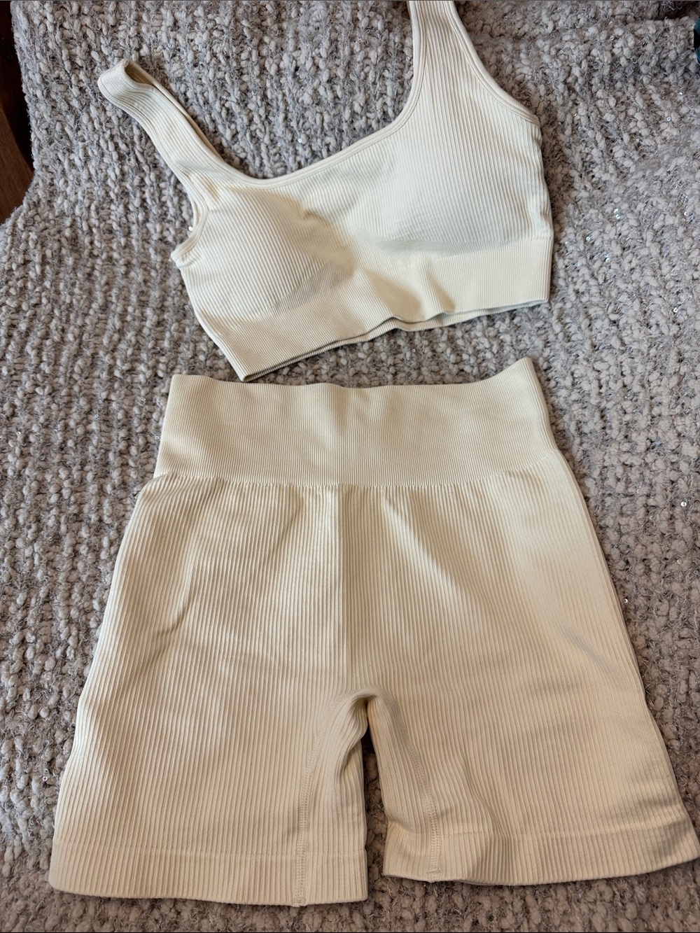 OQQ Seamless Ribbed Top and High-Waist Women’s Shorts Set– Cream